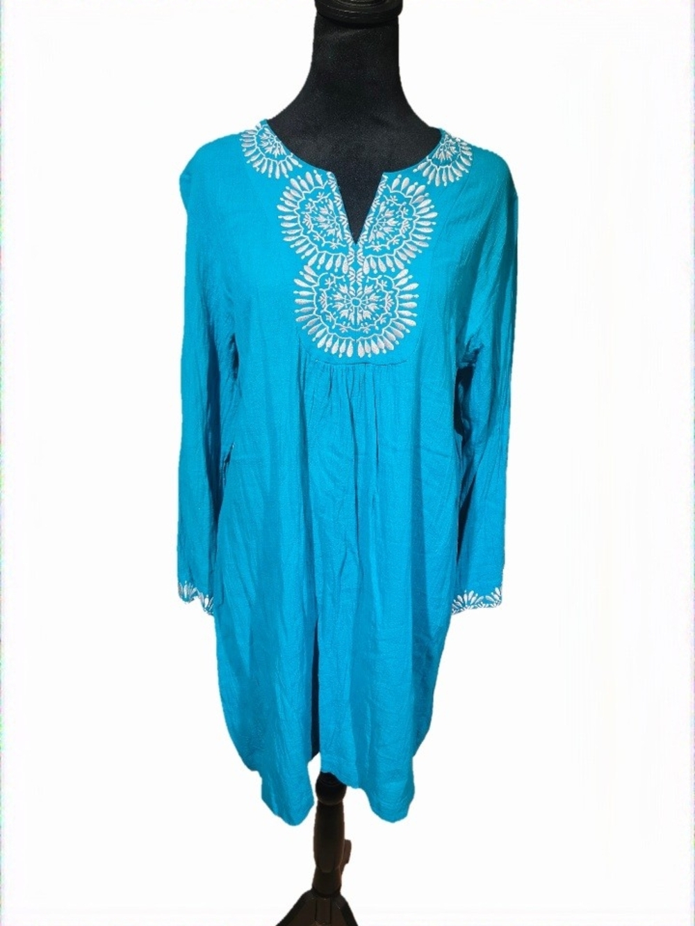 Vintage Oscar de la Renta Teal Long-Sleeve Embroidered Tunic Dress/Swim Cover-up